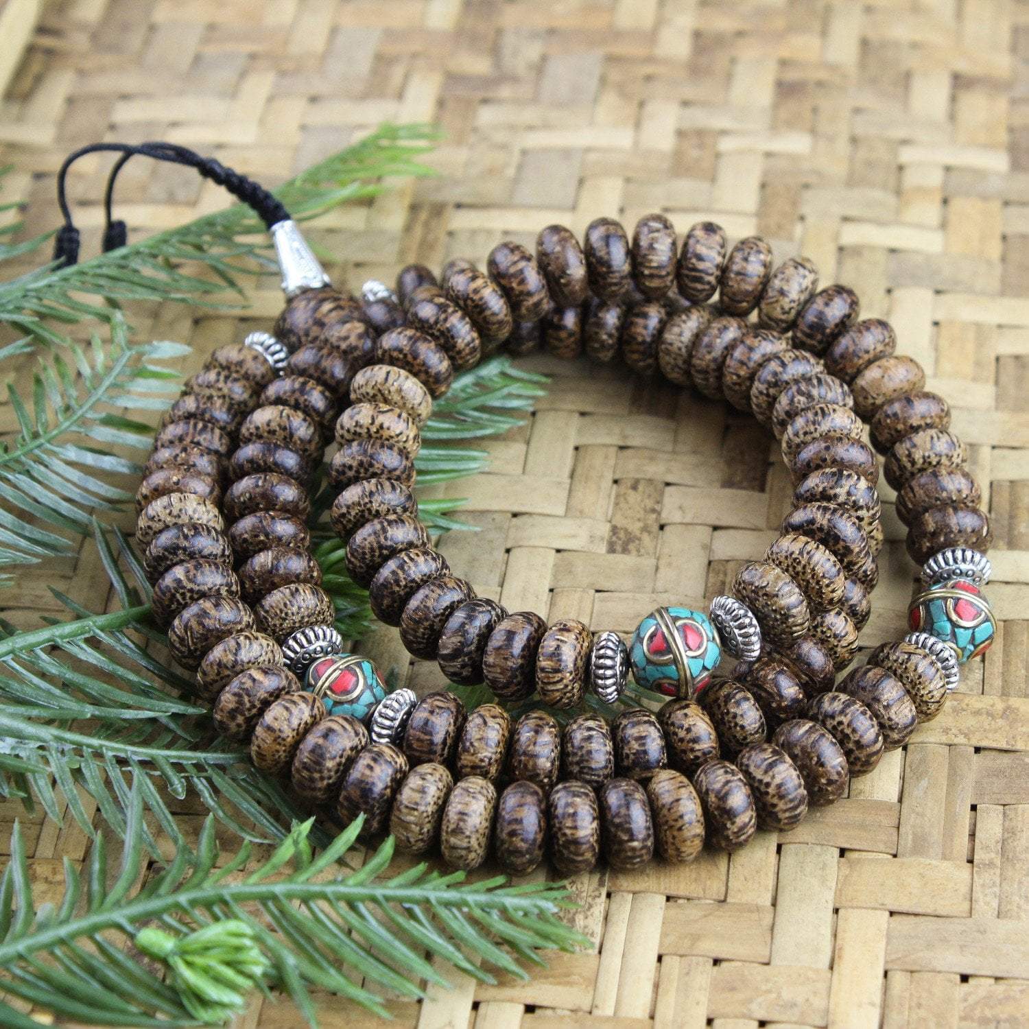 Mala Beads Grounding Palm Wood and Vintage Bead Mala ML544