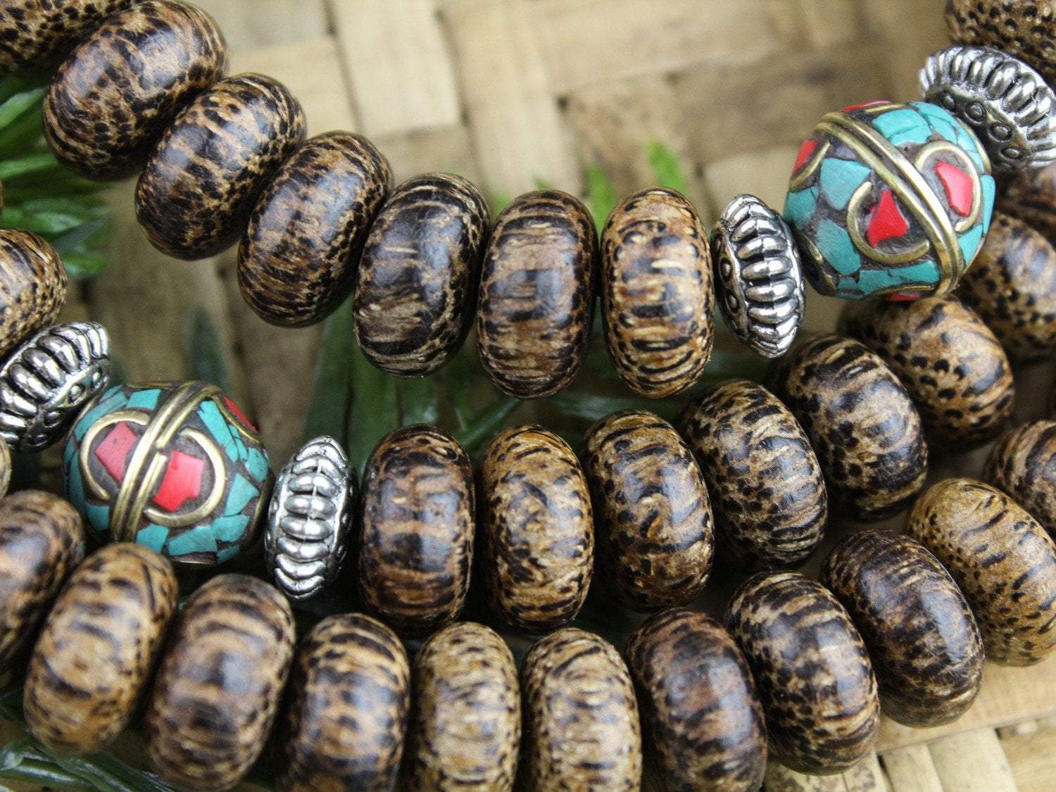 Mala Beads Grounding Palm Wood and Vintage Bead Mala ML544