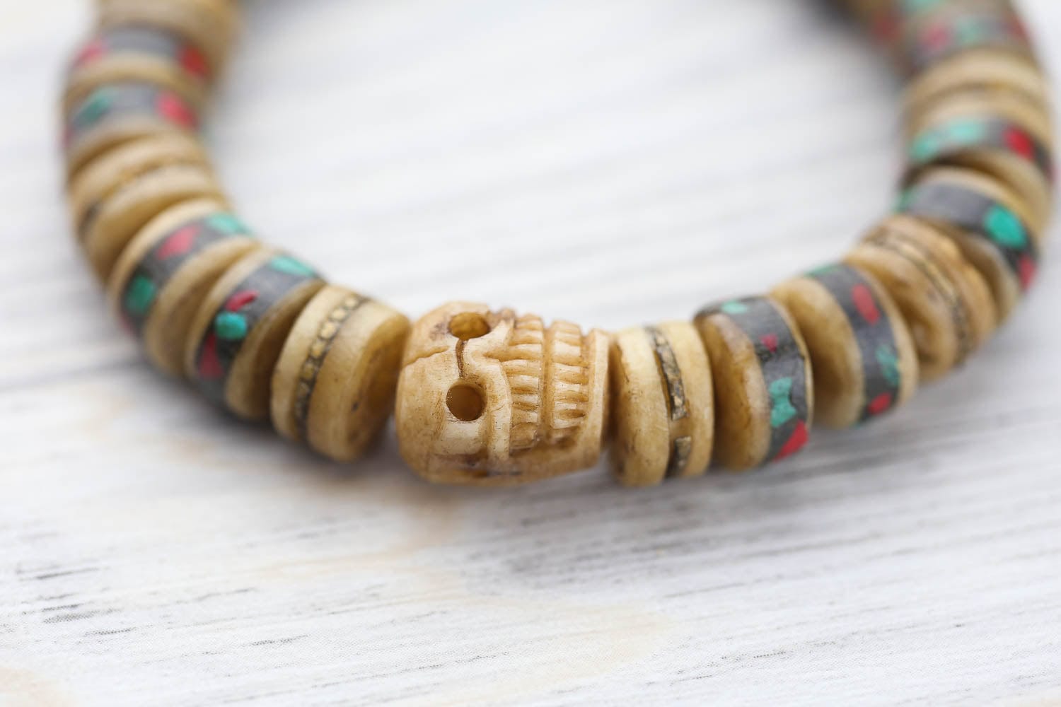 Bone w/Inlay Prayer Beads Mala - Nepal 12mm (NP544) - Happy Mango Beads