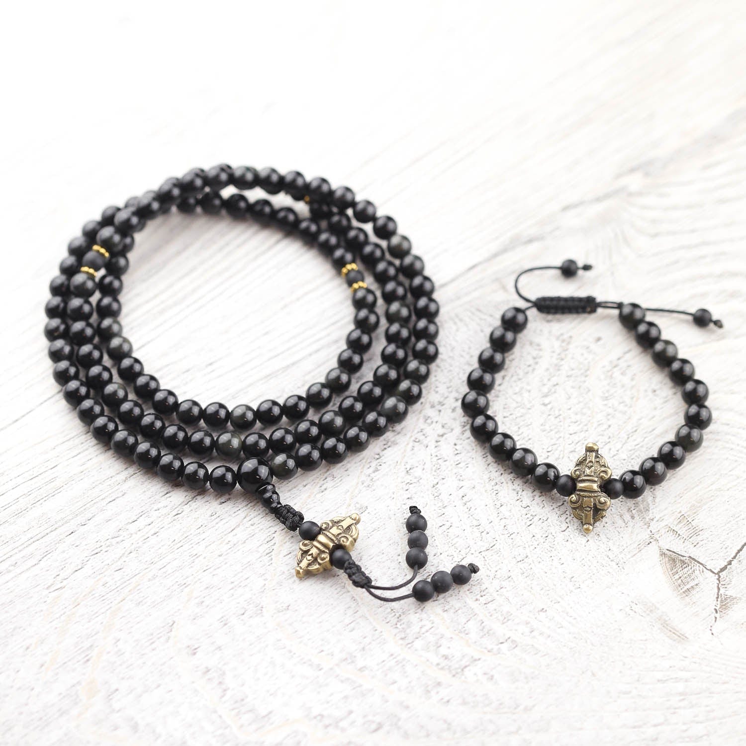 Mala Beads Negativity Blocking Obsidian Mala & Bracelet Set SET021