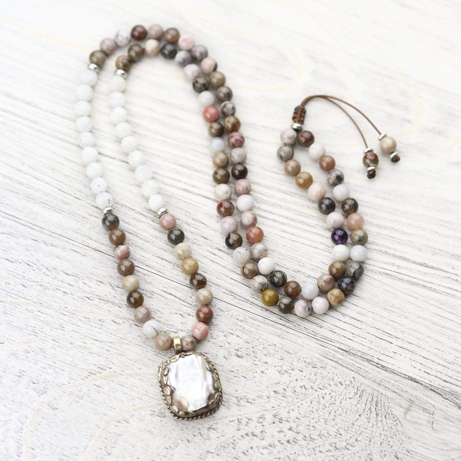 Petrified Wood & Mother of Pearl Mala - DharmaShop