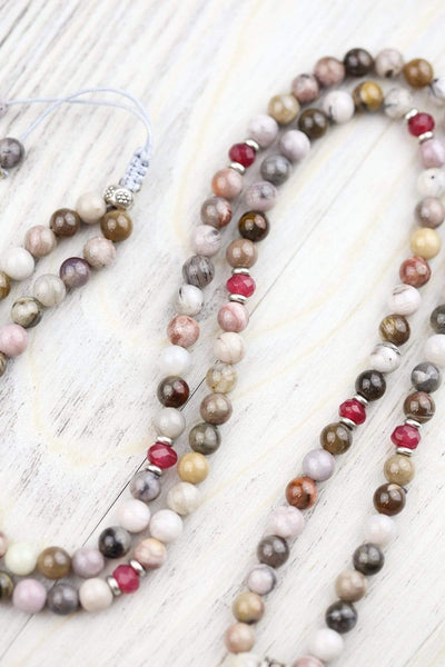 Mala Beads Petrified Wood & Ruby Tibetan Gau Mala ML825