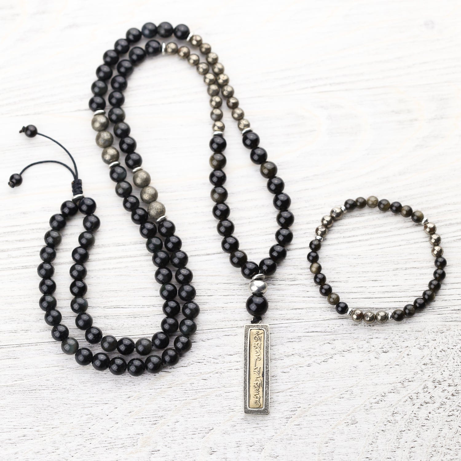 Mala Beads Protective Obsidian and Tibetan Pendant Mala Set