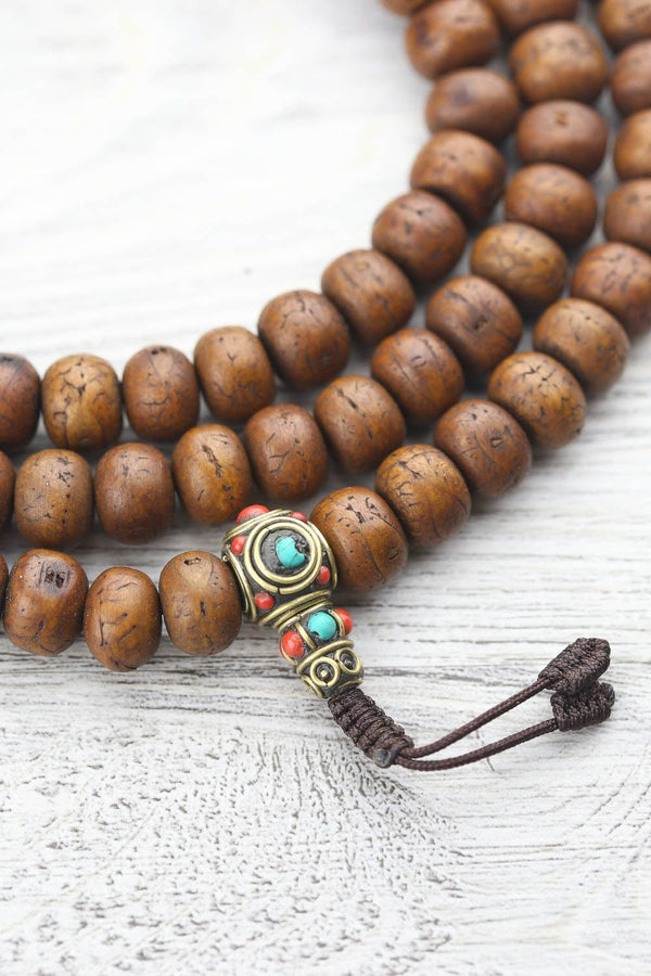 Handmade Vintage Bodhi Seed Mala Bead Necklace w/ Silver Tone Pendant #11