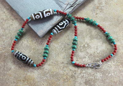 Necklaces Default Tibetan Dzi Necklace with Coral and Turquoise jn130