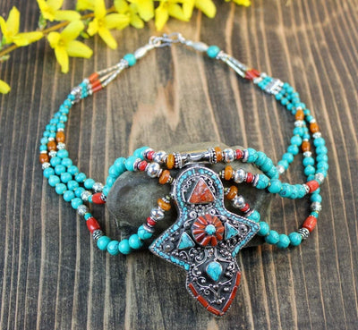 Necklaces Default Turquoise and Amber Traditional Karma Necklace jn510
