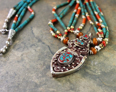 Necklaces Default Turquoise and Coral Tibetan Karma Dolma Necklace jn282
