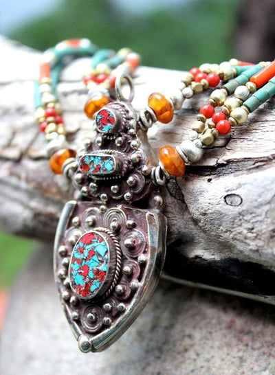 Necklaces Default Turquoise and Coral Tibetan Karma Dolma Necklace jn282