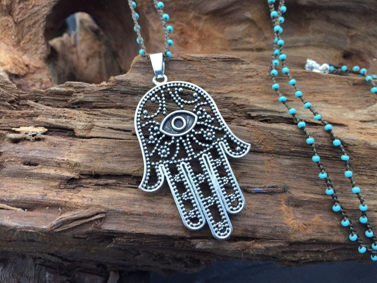 Turquoise Hand Beaded Hamsa Necklace DharmaShop