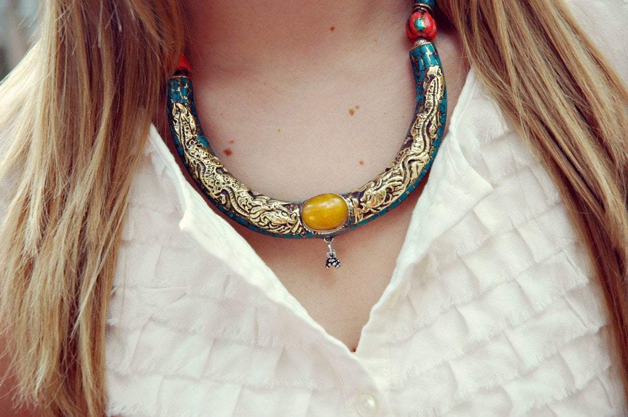 Necklaces Default Vintage Amber and Turquoise Necklace jn165