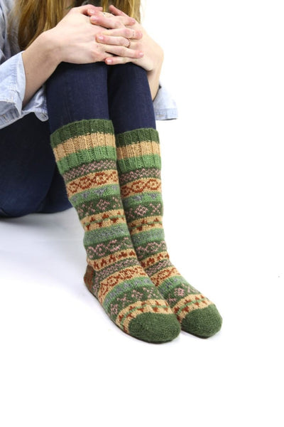 New Items,Under 35 Dollars,Tibetan Style,Fall Items Default Tan/Green Wool Slipper Socks WO111