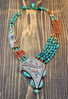 Collier Vintage Ethnique Népalais - Incrustations Turquoise - Artisanat