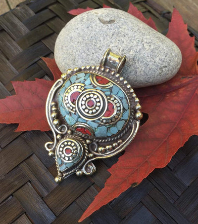 Pendants Default Large Traditional Tibetan Pendant in Filagree Coral and Turquoise JP450