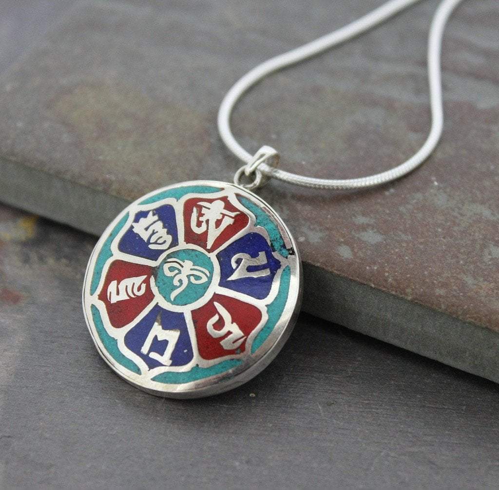 Pendants Default Tibetan Inlaid Silver Om Mani Pendant jp272