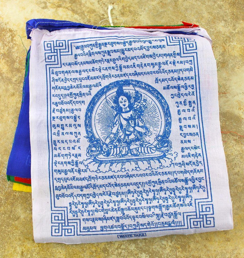 White Tara Tibetan Prayer Flags – Set Of 10 Flags, 6x8 Inches – Handmade In Nepal – Buddhist Blessings, Mantras