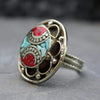 Rings 5 Tibetan Turquoise and Coral Adjustable Oval Flower Ring jr147.05