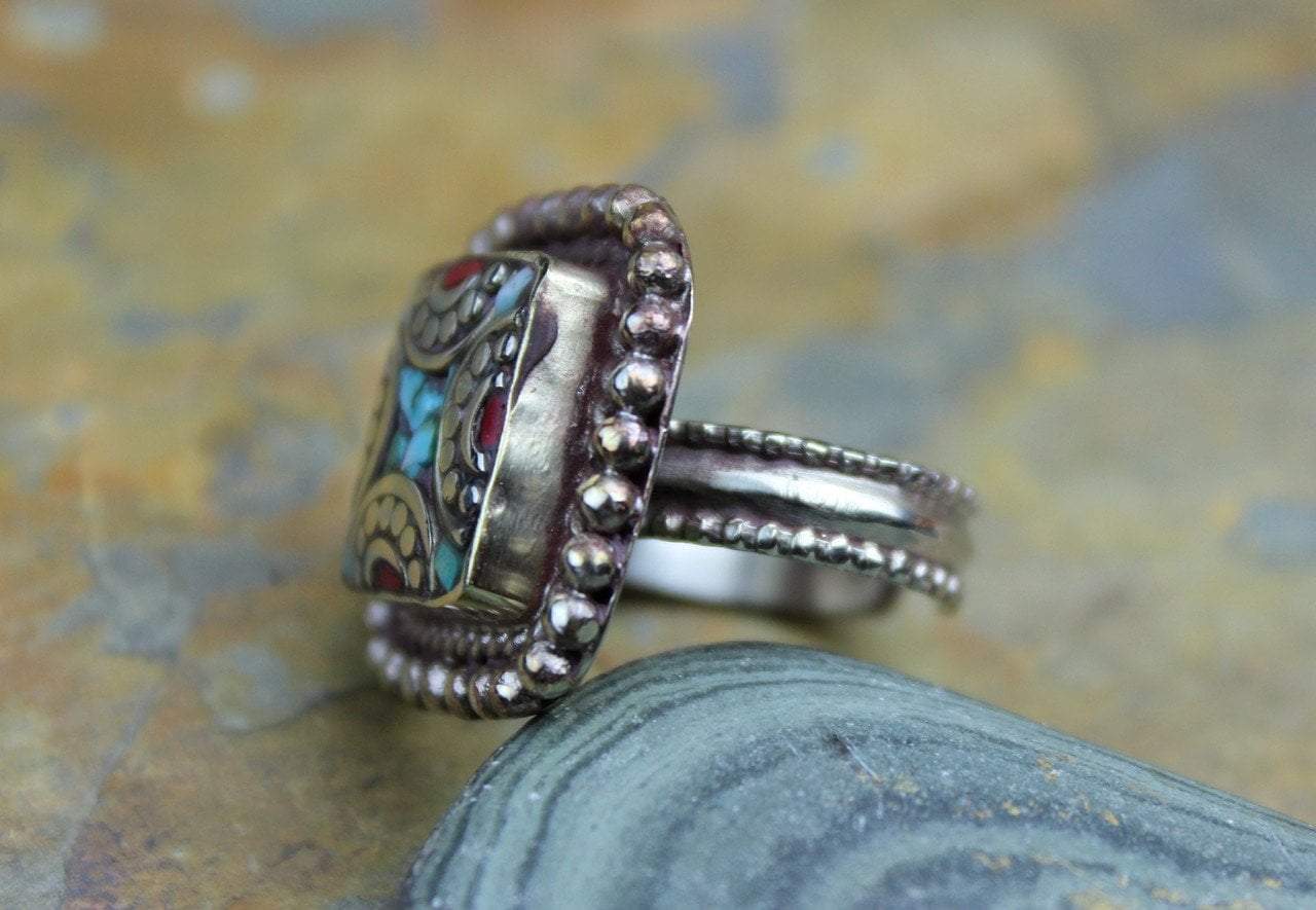 Rings 5 Tibetan Turquoise and Coral Adjustable Square Ring jr131size5