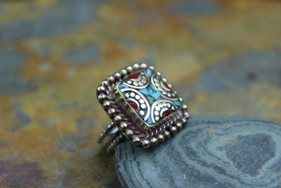 Rings 5 Tibetan Turquoise and Coral Adjustable Square Ring jr131size5