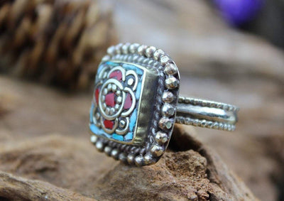 Rings 5 Tibetan Turquoise and Coral Square Adjustable Ring jr130size5