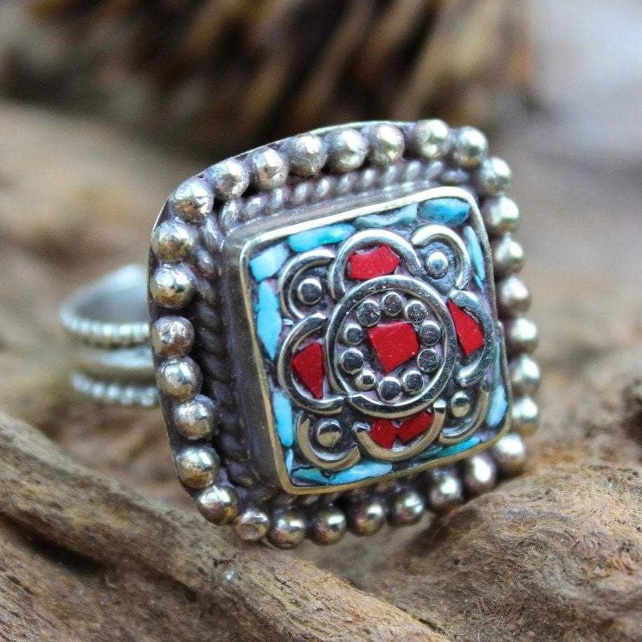 Rings 5 Tibetan Turquoise and Coral Square Adjustable Ring jr130size5