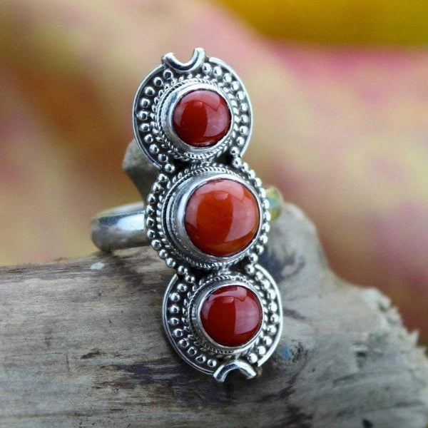 3 Stone Coral and Sterling Silver Ring - DharmaShop