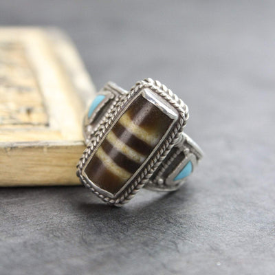 Rings 8.5 Agate Dzi Ring with Turquoise Accents JR235.85