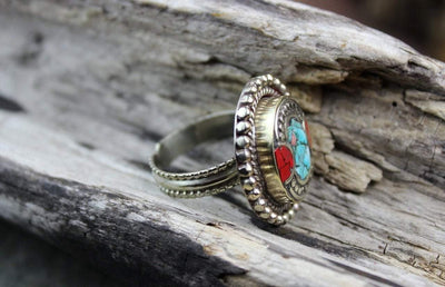 Rings Small Tibetan Coral and Turquoise Adjustable Ring jr127small