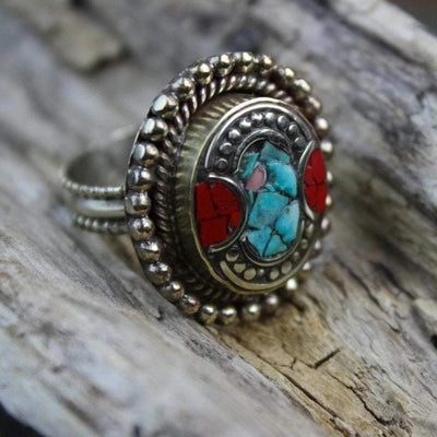 Rings Small Tibetan Coral and Turquoise Adjustable Ring jr127small