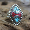 Rings Small Tibetan Rhombus Turquoise and Coral Adjustable Ring jr129small