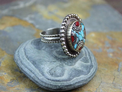 Rings Small Tibetan Turquoise and Coral Adjustable Ring jr128small