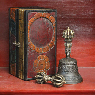 Ritual Items Stunning Tibetan Bell and Dorje Set in Wooden Box RB012