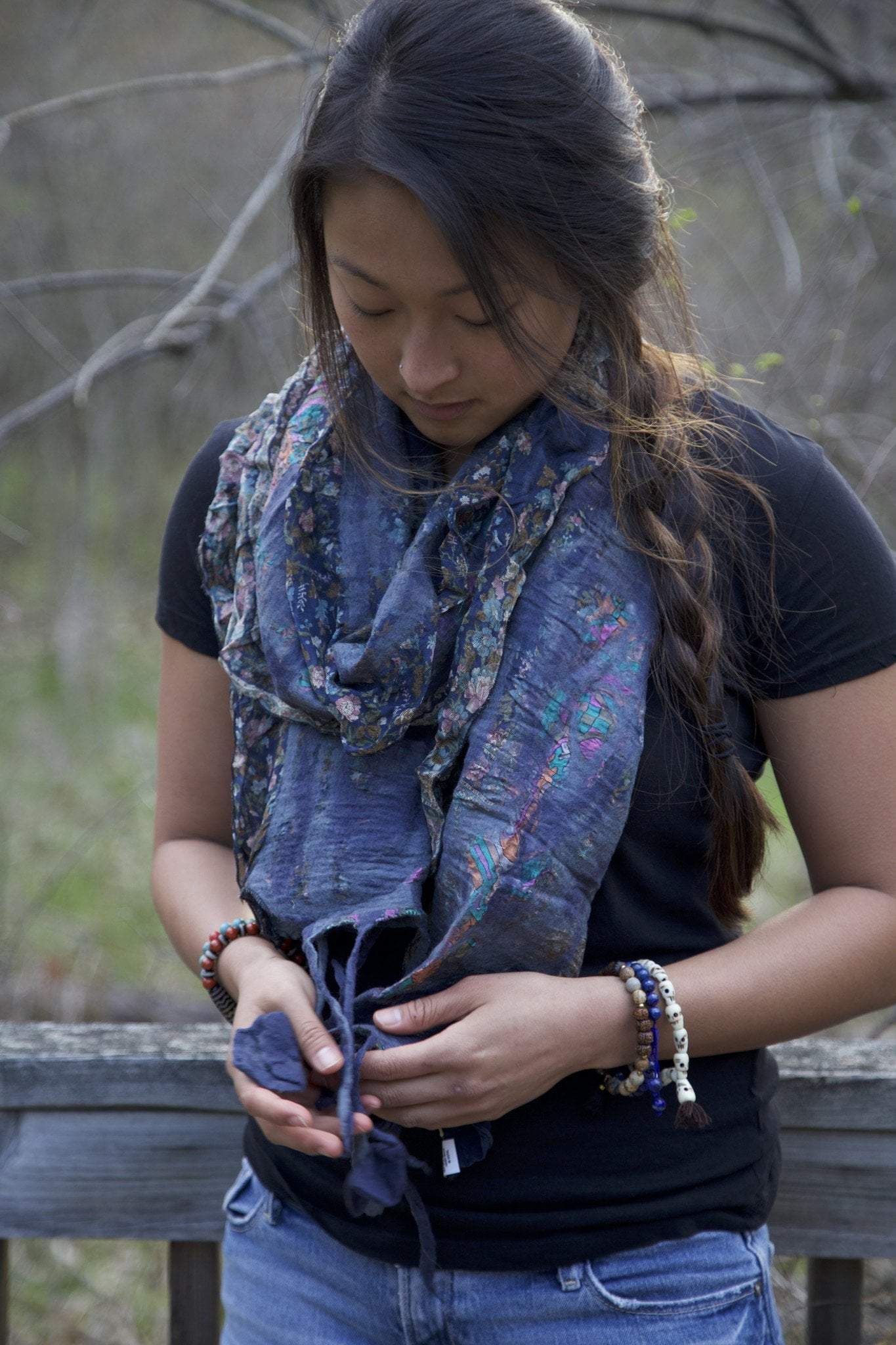 Scarves Default Multicolor Blue Silk and Wool Saree Scarf scarf037