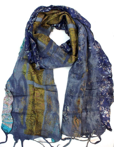 Scarves Default Multicolor Blue Silk and Wool Saree Scarf scarf037