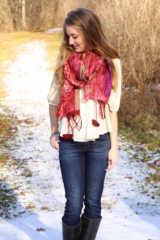 Scarves Default Multicolor Red Silk and Felt Saree Scarf fb175