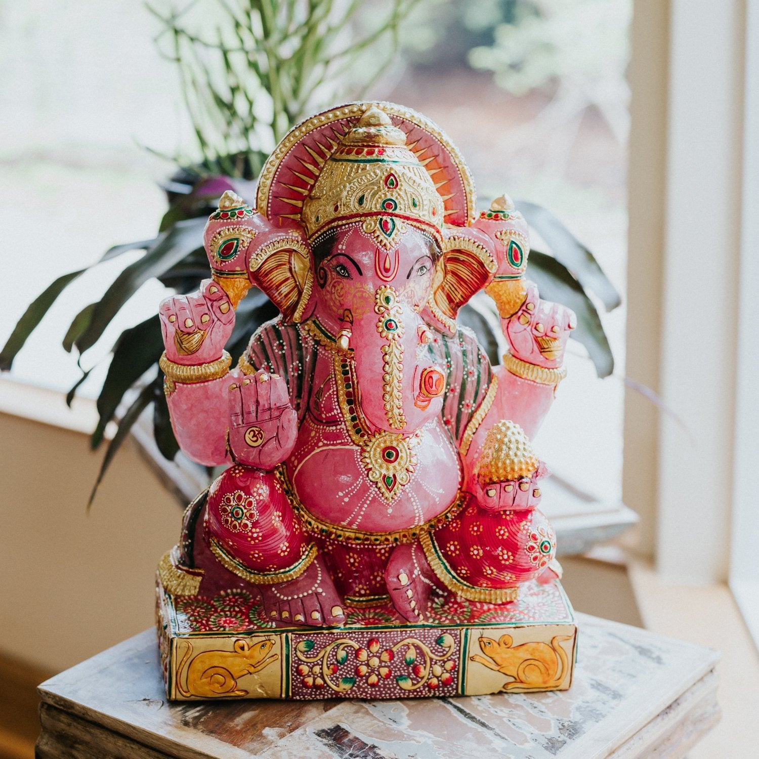 Rose Quartz Ganesh Exquisite Hand Painted Statue - DharmaShop