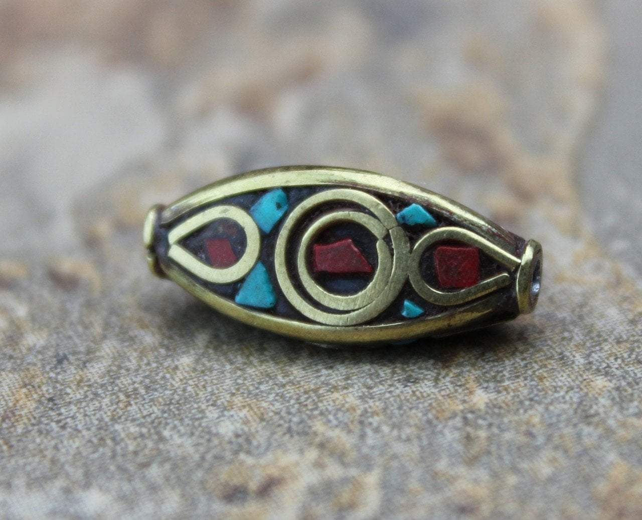 Tibetan Beads Default 3 Sided Brass Coral and Turquoise Tibetan Bead be068