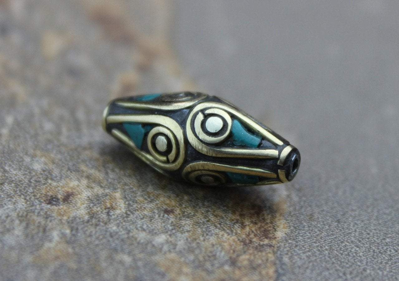 Tibetan Beads Default Brass and Turquoise Tibetan Bead 20mm be069
