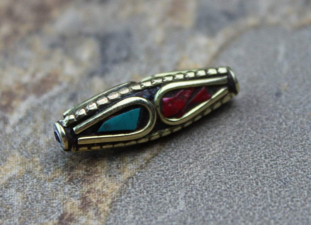 Tibetan Beads Default Brass Coral and Turquoise Tibetan Bead 7mm be066