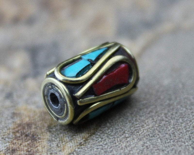 Brass Coral and Turquoise Tibetan Bead 8mm
