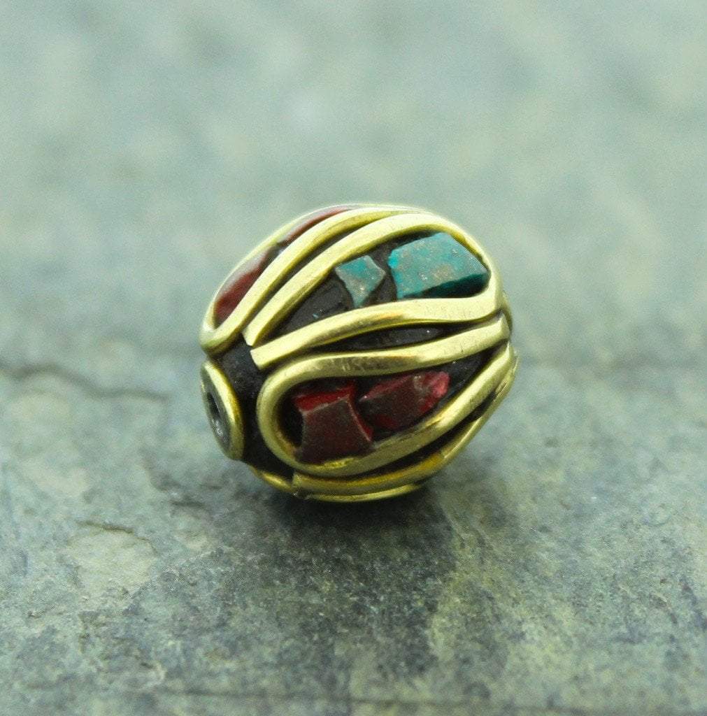 Tibetan Beads Default Brass Coral and Turquoise Tibetan Bead be040