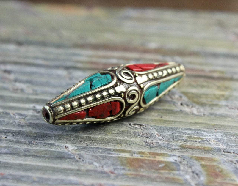 Tibetan Beads Default Large Brass Coral and Turquoise Tibetan Bead be094