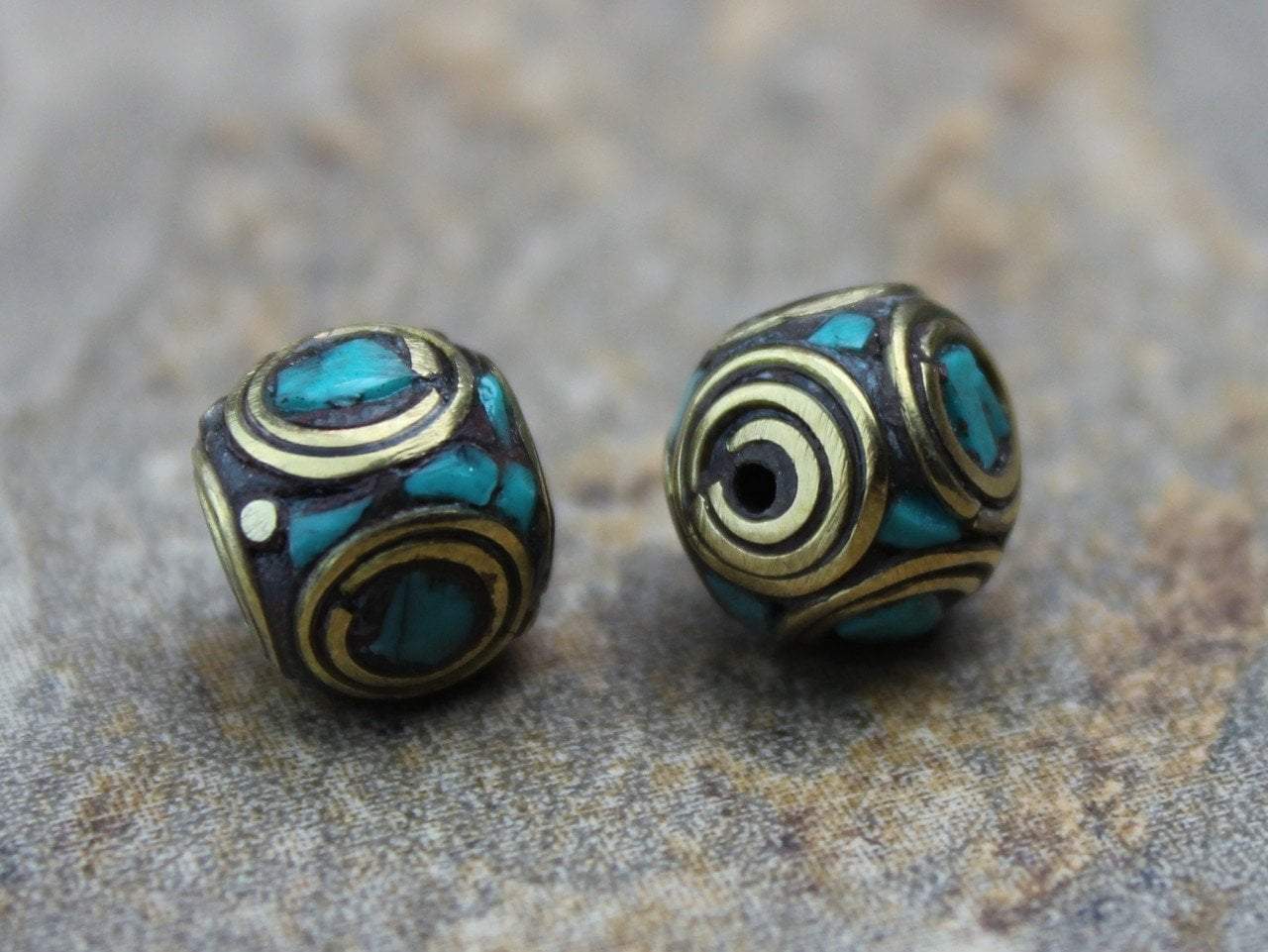 Tibetan Beads Default Round Brass and Turquoise Tibetan Bead 10mm be071