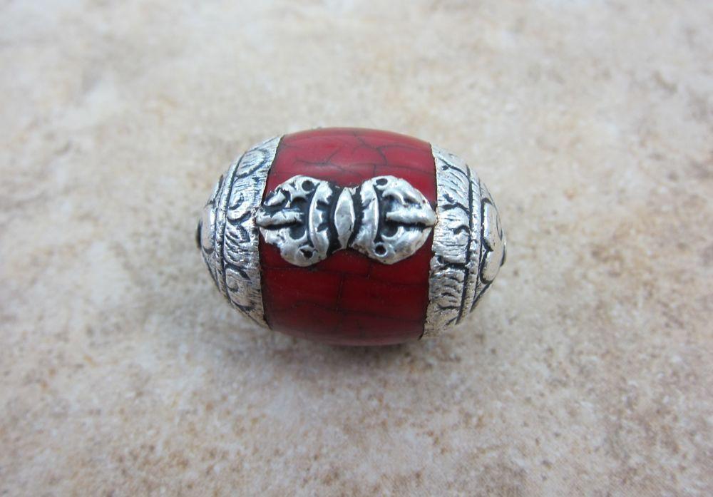 Tibetan Beads,New Items Default Coral Tibetan Bead With Dorje Design be048