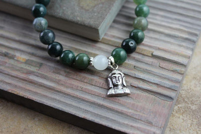 Wrist Malas Default Powerful Moss Agate Silver Buddha Wrist Mala wm096