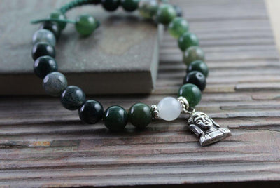 Wrist Malas Default Powerful Moss Agate Silver Buddha Wrist Mala wm096