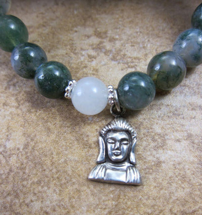 Wrist Malas Default Powerful Moss Agate Silver Buddha Wrist Mala wm096