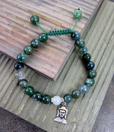 Wrist Malas Default Powerful Moss Agate Silver Buddha Wrist Mala wm096